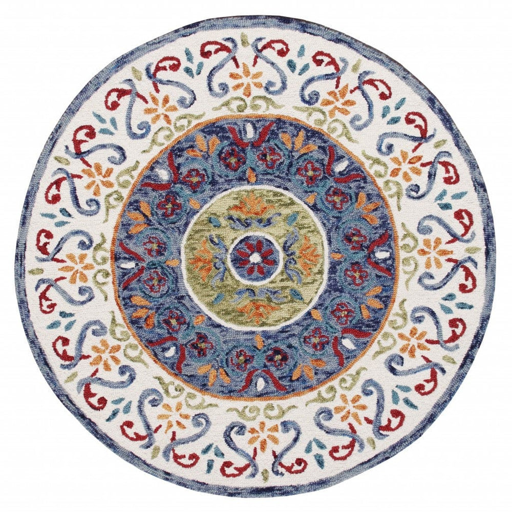 6' Blue And White Round Wool Hand Tufted Area Rug - Homeroots