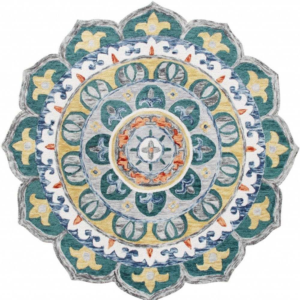 6' Teal Blue Round Wool Hand Hooked Handmade Area Rug - Homeroots - Flyclothing LLC