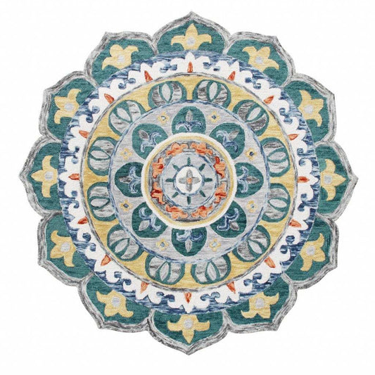 6' Teal Blue Round Wool Hand Hooked Handmade Area Rug - Homeroots - Flyclothing LLC