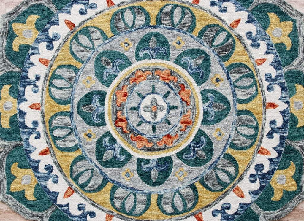 6' Teal Blue Round Wool Hand Hooked Handmade Area Rug - Homeroots - Flyclothing LLC