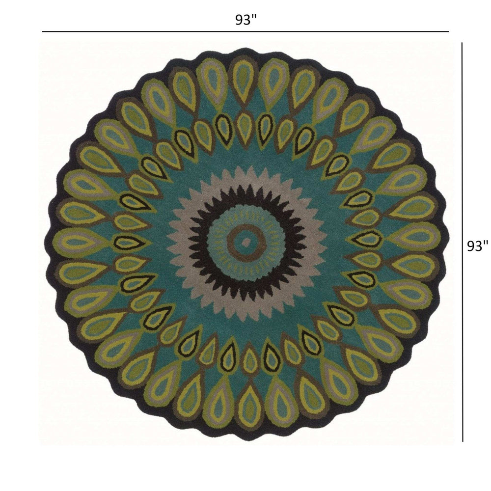 8’ Round Green Peacock Feather Area Rug - Homeroots - Flyclothing LLC