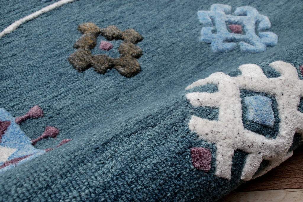 5' Blue Round Wool Hand Hooked Handmade Area Rug - Homeroots - Flyclothing LLC