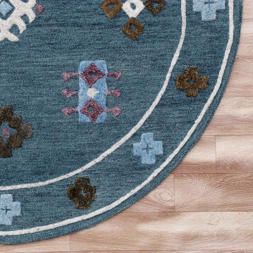 7' Blue Round Wool Hand Hooked Handmade Area Rug - Homeroots - Flyclothing LLC