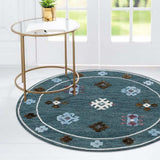 7' Blue Round Wool Hand Hooked Handmade Area Rug - Homeroots - Flyclothing LLC