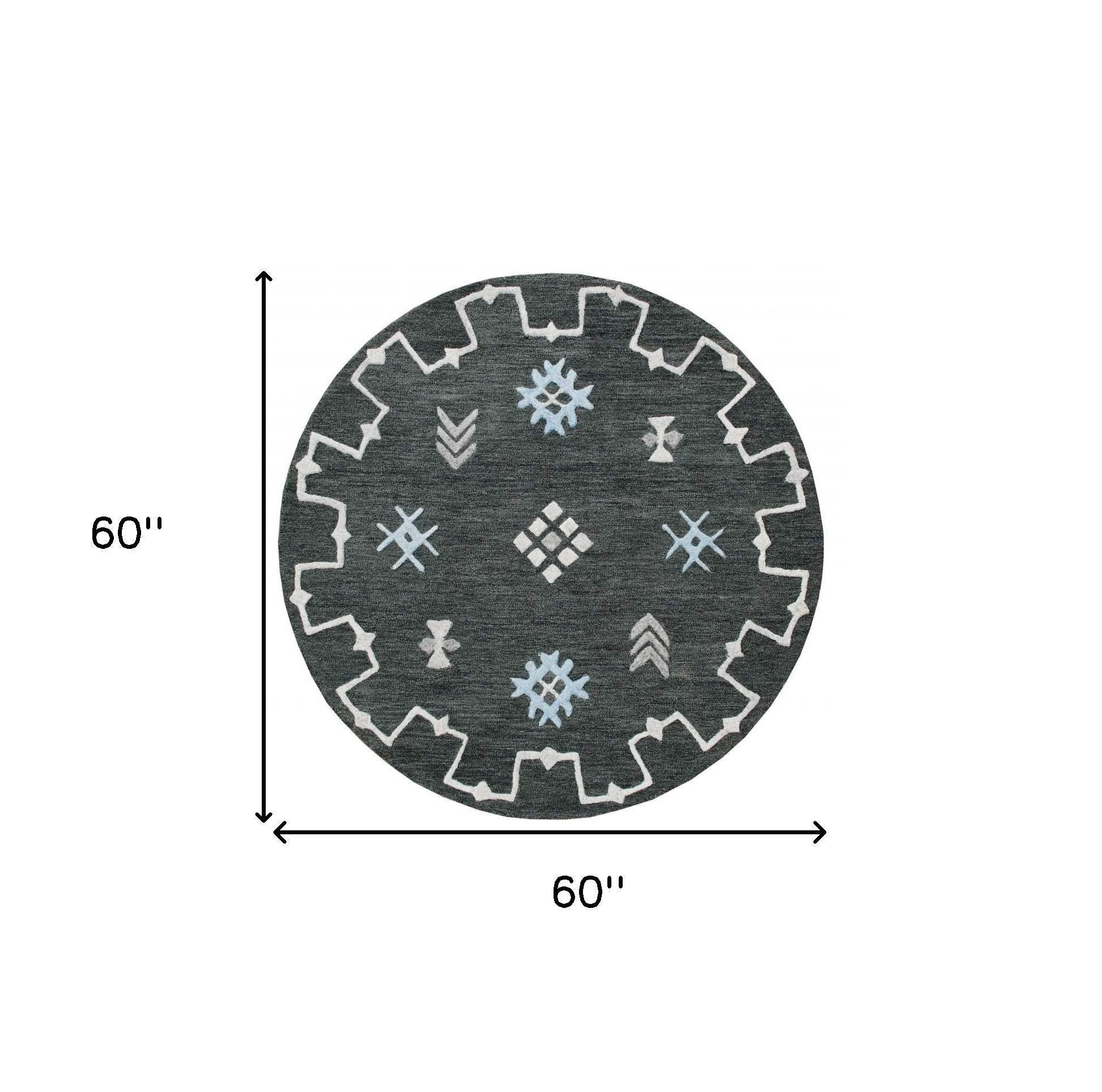 5' Charcoal Round Wool Hand Hooked Handmade Area Rug - Homeroots - Flyclothing LLC