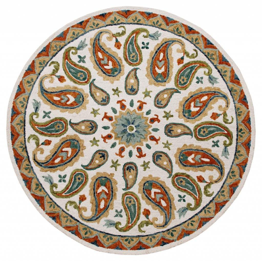 7' Round Orange and White Paisley Area Rug - Homeroots - Flyclothing LLC