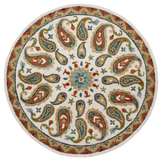 7' Round Orange and White Paisley Area Rug - Homeroots - Flyclothing LLC