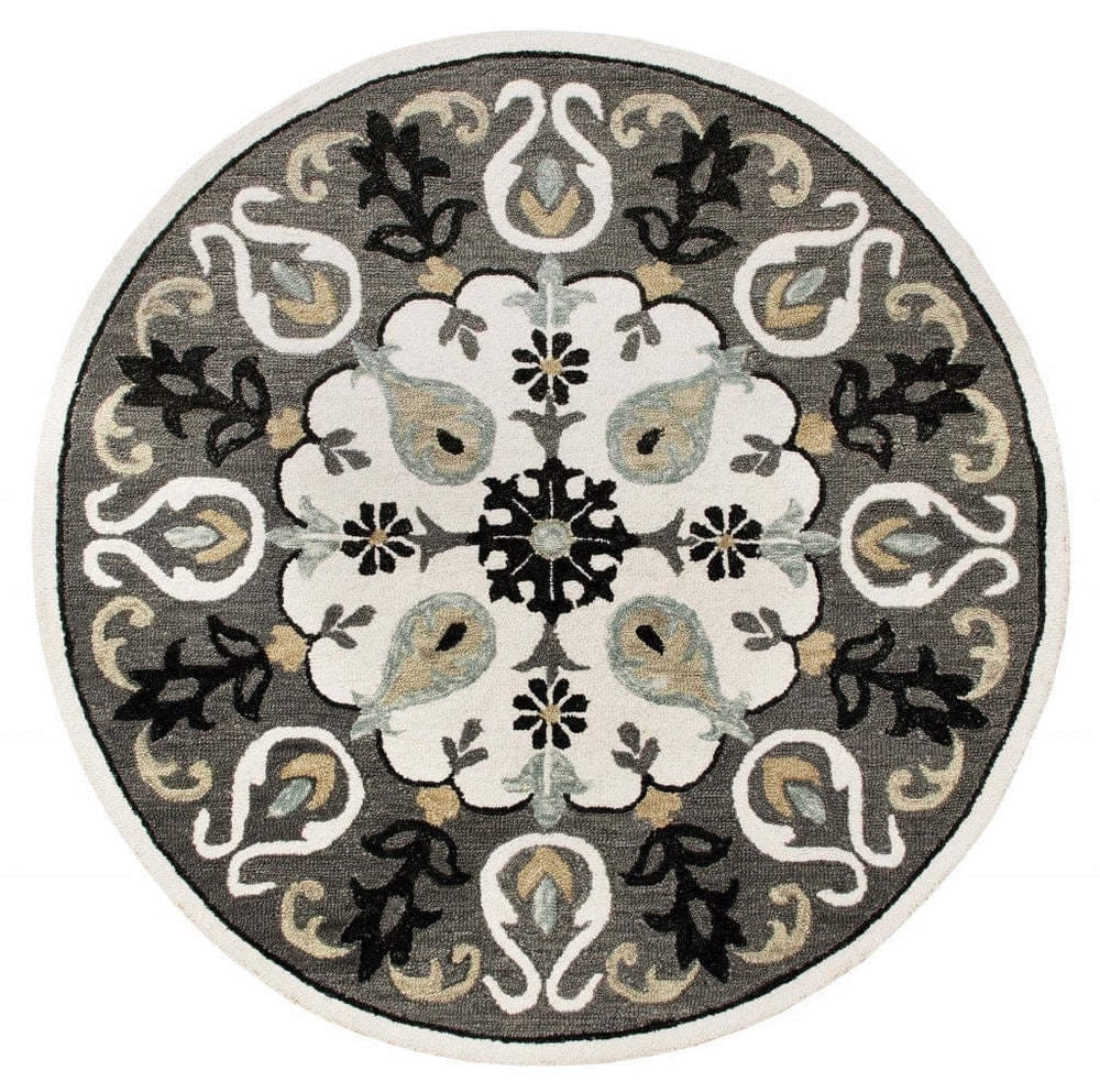 5' Gray Round Wool Hand Hooked Handmade Area Rug - Homeroots