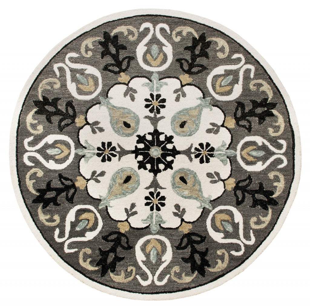7' Gray Round Wool Hand Hooked Handmade Area Rug - Homeroots - Flyclothing LLC