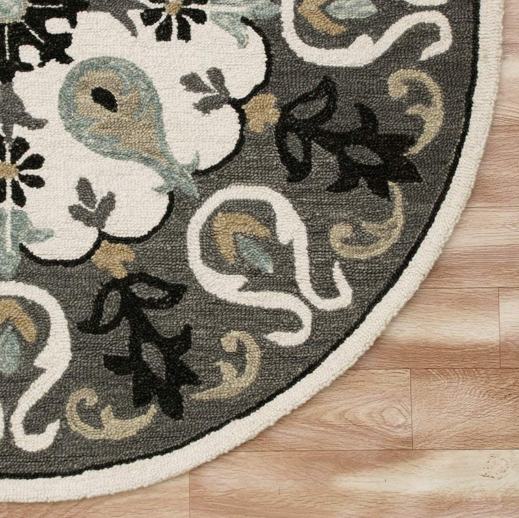 7' Gray Round Wool Hand Hooked Handmade Area Rug - Homeroots - Flyclothing LLC
