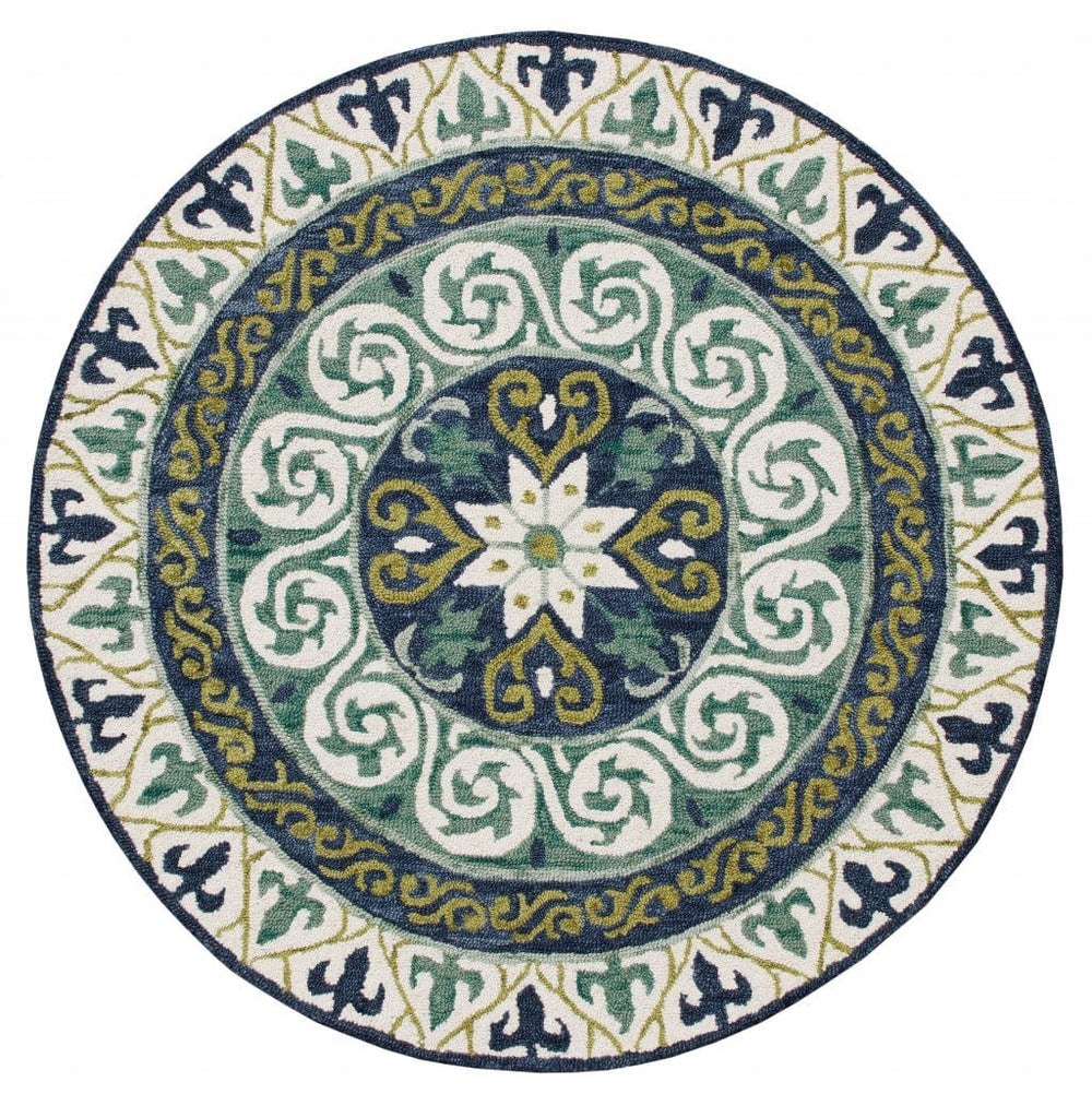 5' Round Blue and Green Ornate Medallion Area Rug - Homeroots