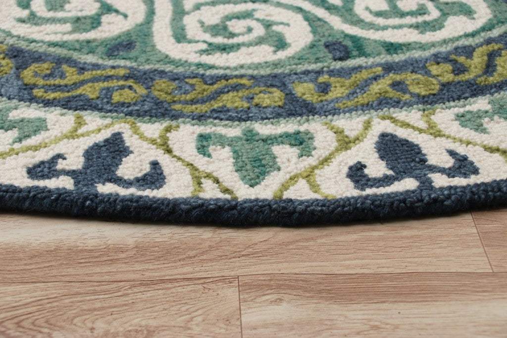 5' Round Blue and Green Ornate Medallion Area Rug - Homeroots - Flyclothing LLC
