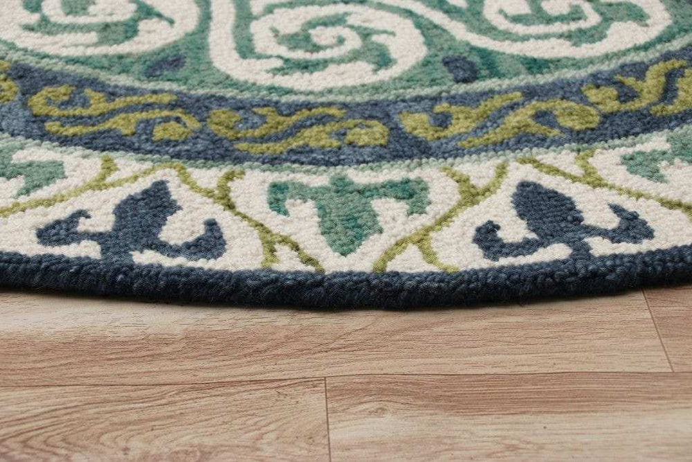 5' Round Blue and Green Ornate Medallion Area Rug - Homeroots - Flyclothing LLC
