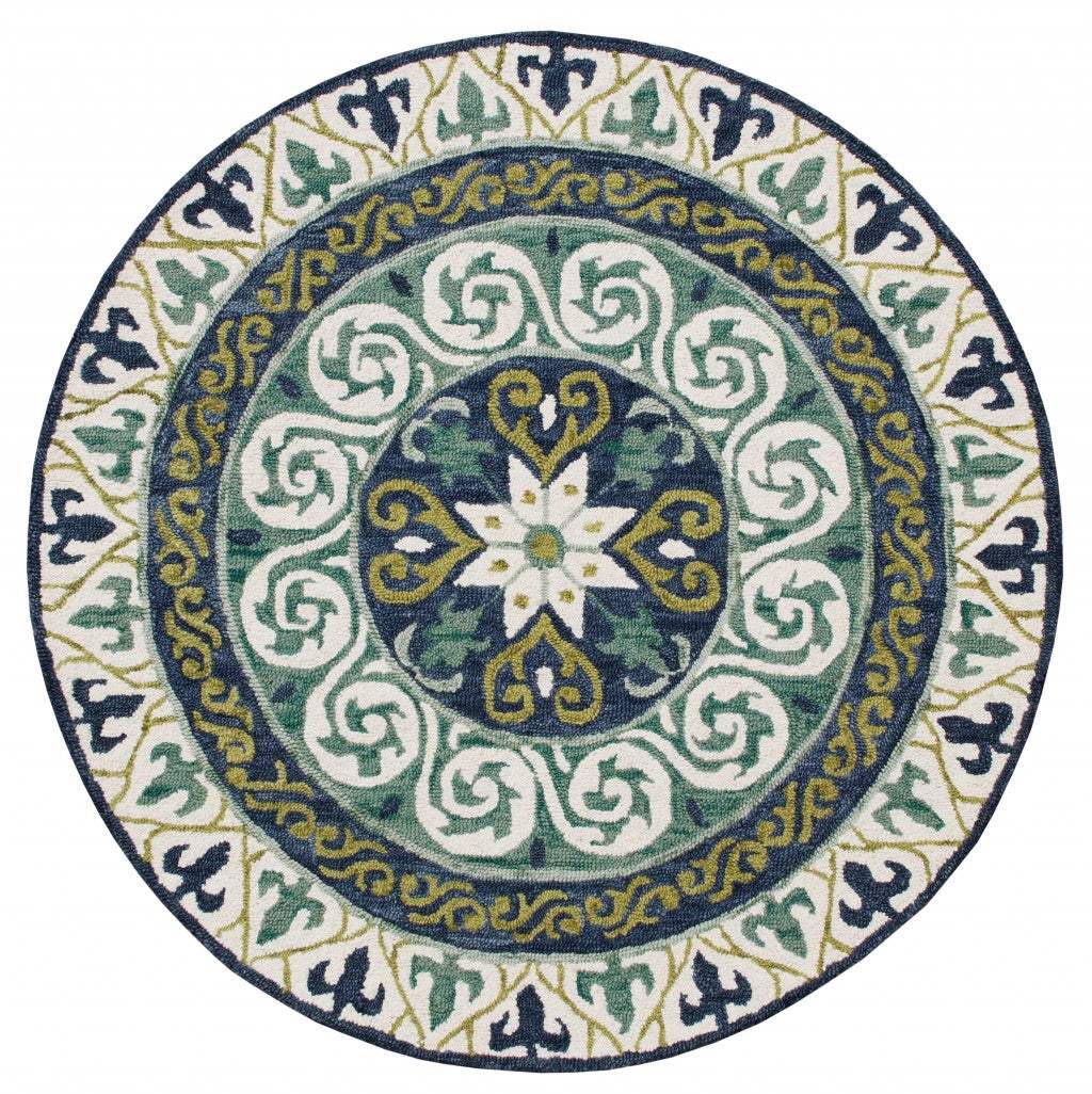 7' Round Blue and Green Ornate Medallion Area Rug - Homeroots - Flyclothing LLC