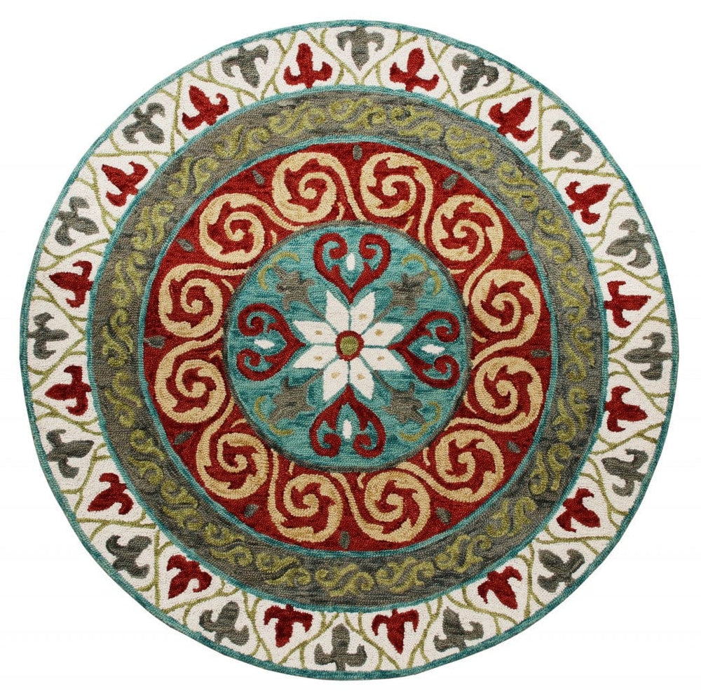 5' Round Red and Sage Medallion Area Rug - Homeroots