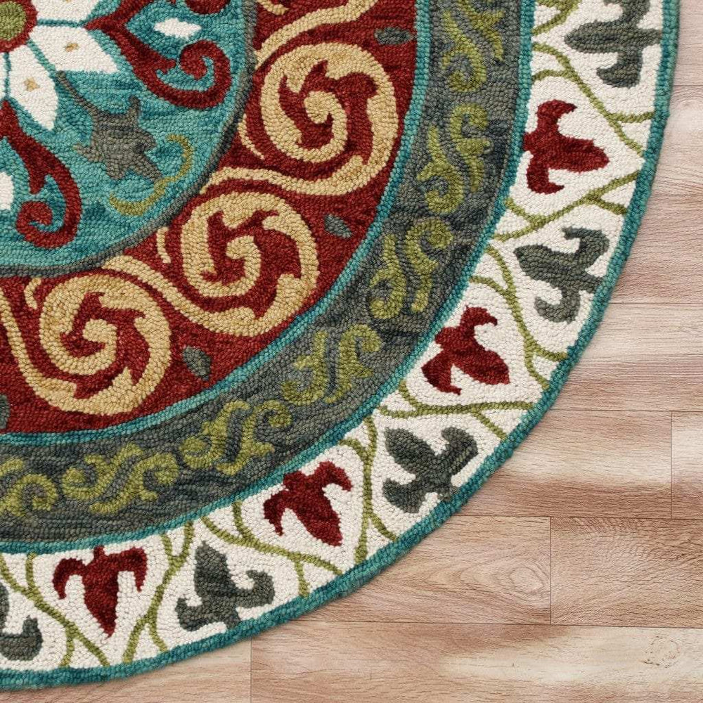 5' Round Red and Sage Medallion Area Rug - Homeroots - Flyclothing LLC