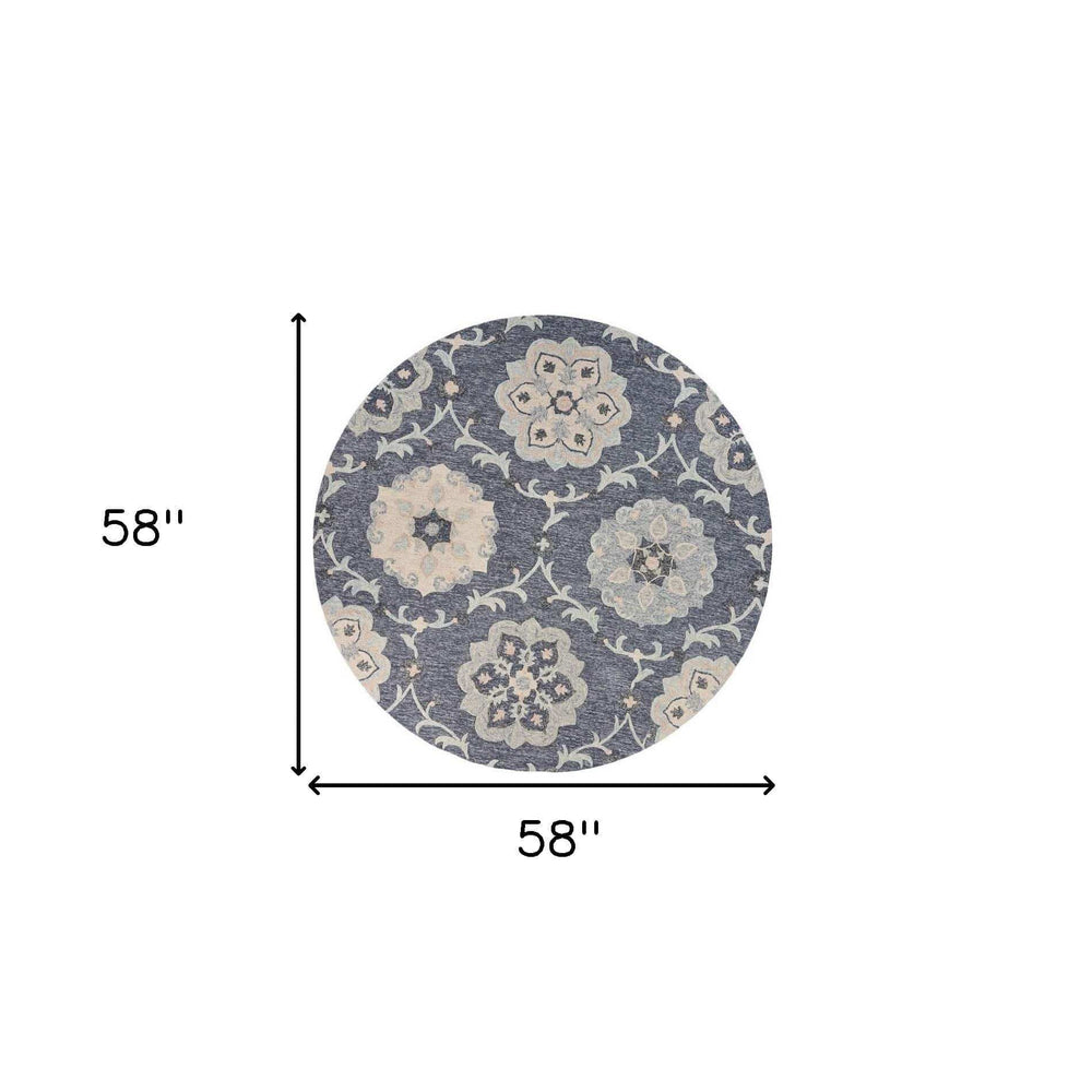 5' Blue And Gray Round Wool Hand Tufted Area Rug - Homeroots - Flyclothing LLC