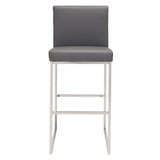 31" Gray And Silver Faux Leather And Steel Low Back Bar Height Bar Chair