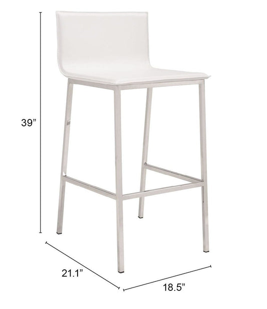 Set of Two 30" White And Silver Steel Low Back Bar Height Bar Chairs - Homeroots