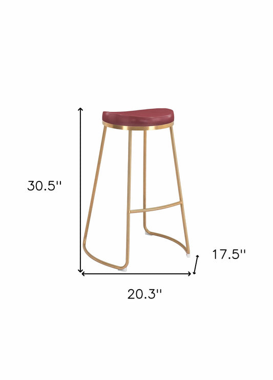 Set of Two 31" Burgundy And Gold Steel Backless Bar Height Bar Chairs - Homeroots