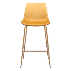 31" Yellow And Gold Velvet And Steel Low Back Bar Height Bar Chair