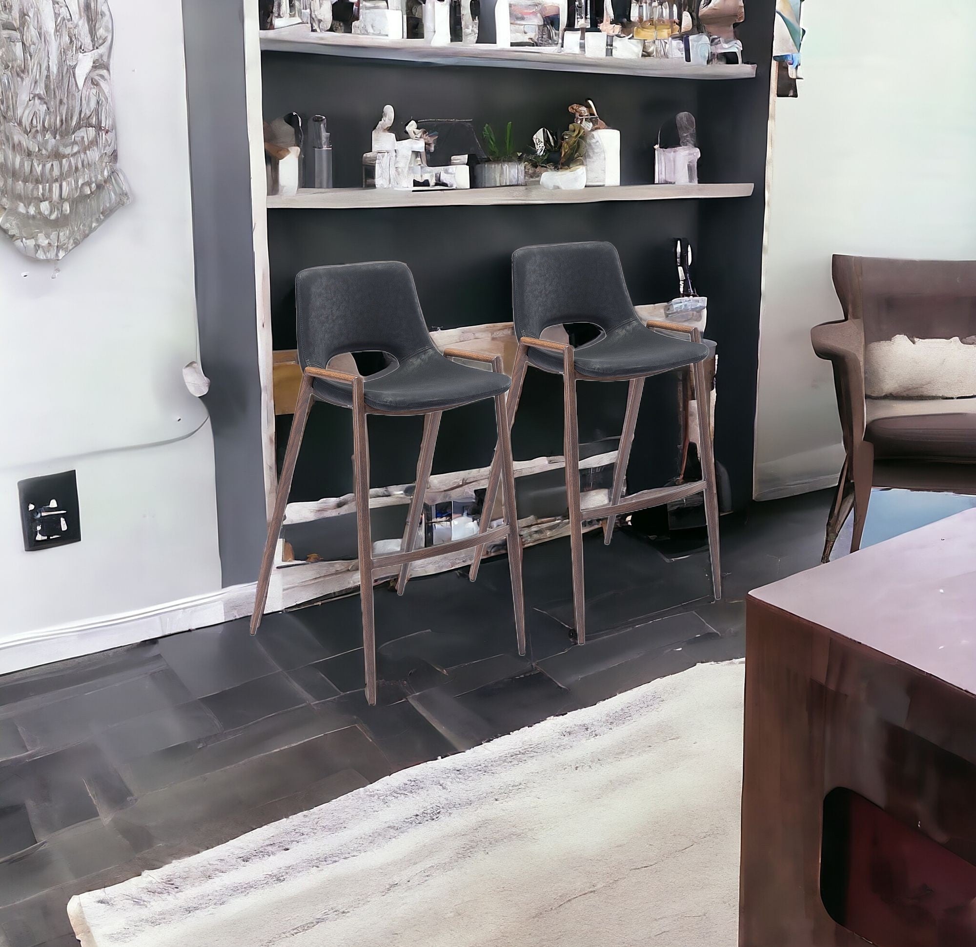 Set of Two 29 " Black And Brown Steel Low Back Bar Height Bar Chairs - Homeroots - Flyclothing LLC
