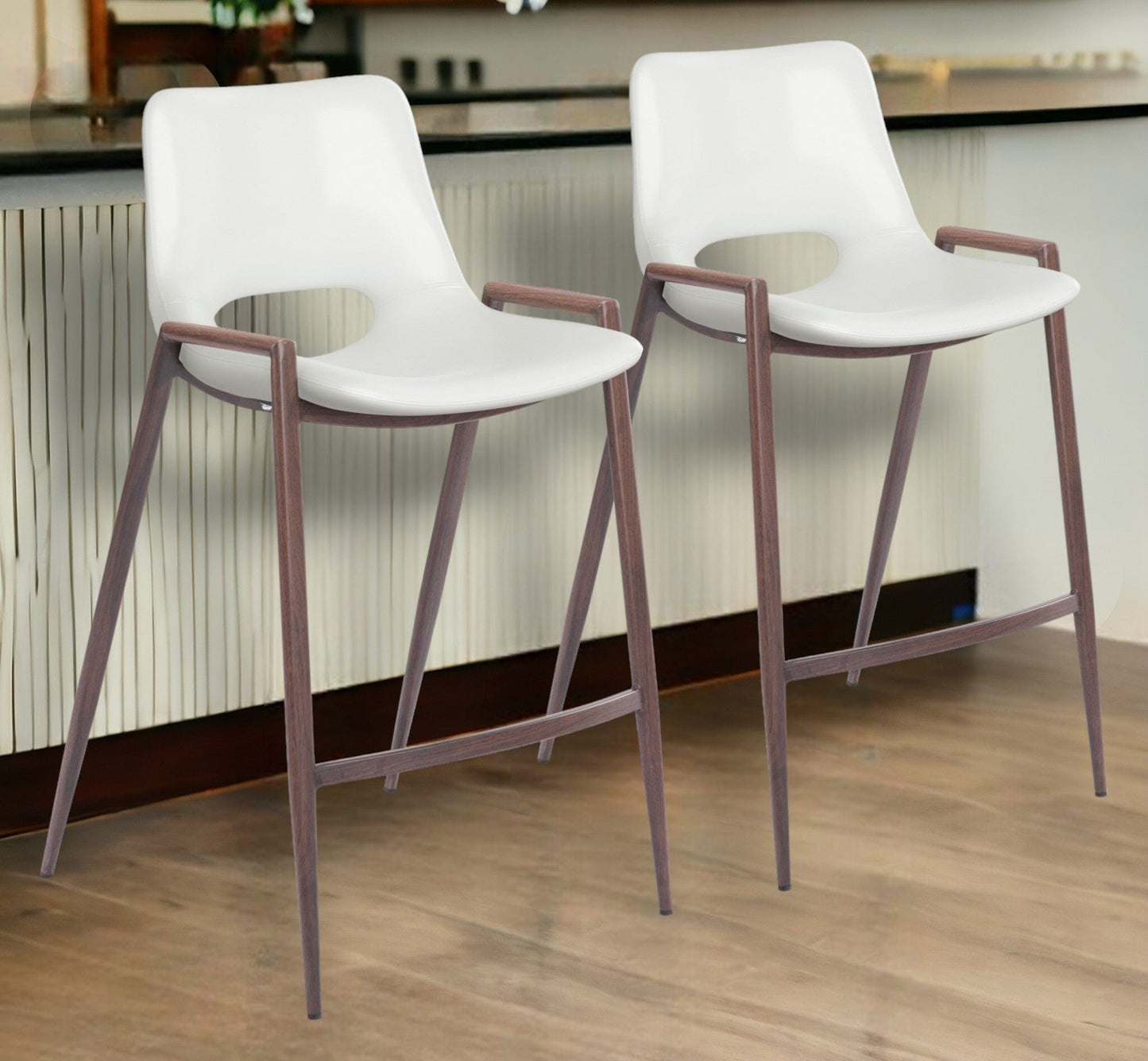 Set of Two 26" White And Brown Steel Low Back Counter Height Bar Chairs - Homeroots - Flyclothing LLC