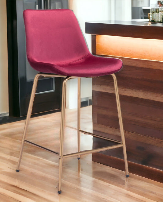 26" Red And Copper Velvet And Steel Low Back Counter Height Bar Chair - Homeroots