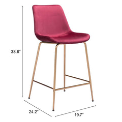 26" Red And Copper Velvet And Steel Low Back Counter Height Bar Chair - Homeroots