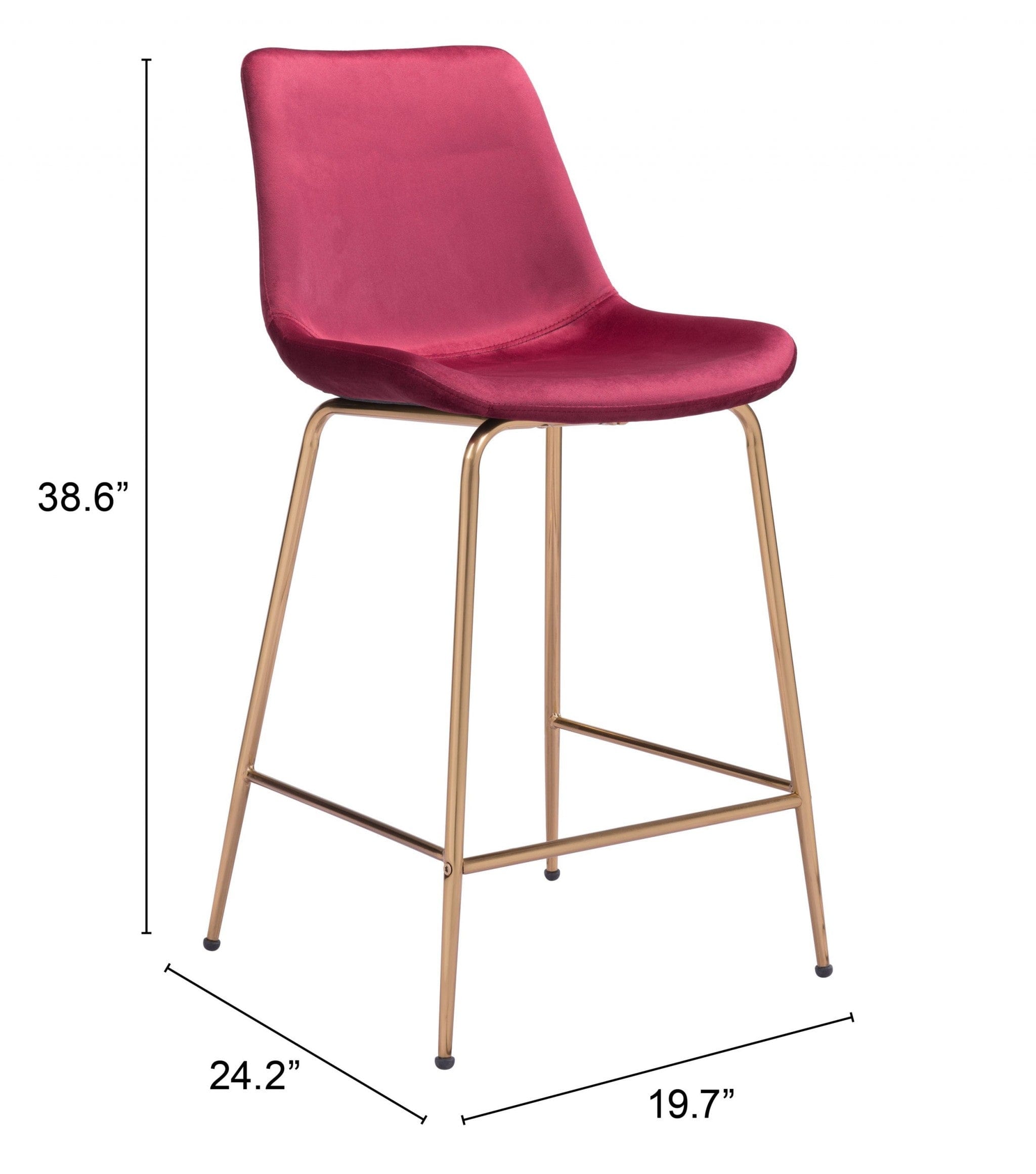 26" Red And Copper Velvet And Steel Low Back Counter Height Bar Chair - Homeroots