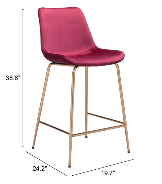 26" Red And Copper Velvet And Steel Low Back Counter Height Bar Chair - Homeroots