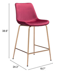 26" Red And Copper Velvet And Steel Low Back Counter Height Bar Chair - Homeroots