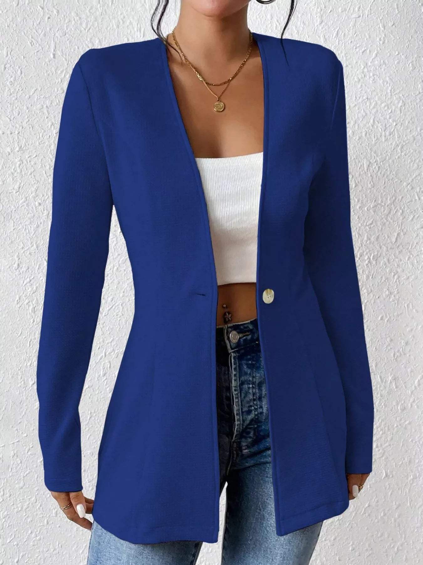 One Button Long Sleeve Blazer - Trendsi - Flyclothing LLC
