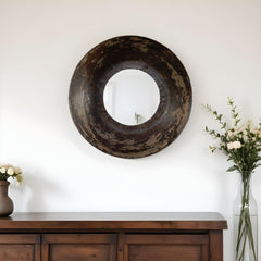 16" Dark Brown Reclaimed And Distressed Metal Round Bowl Accent Mirror - Homeroots