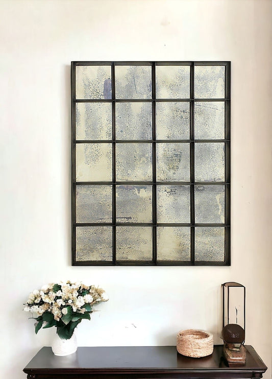 54" Antiqued Metal and Antiqued Glass Multi Pane Framed Accent Mirror - Homeroots