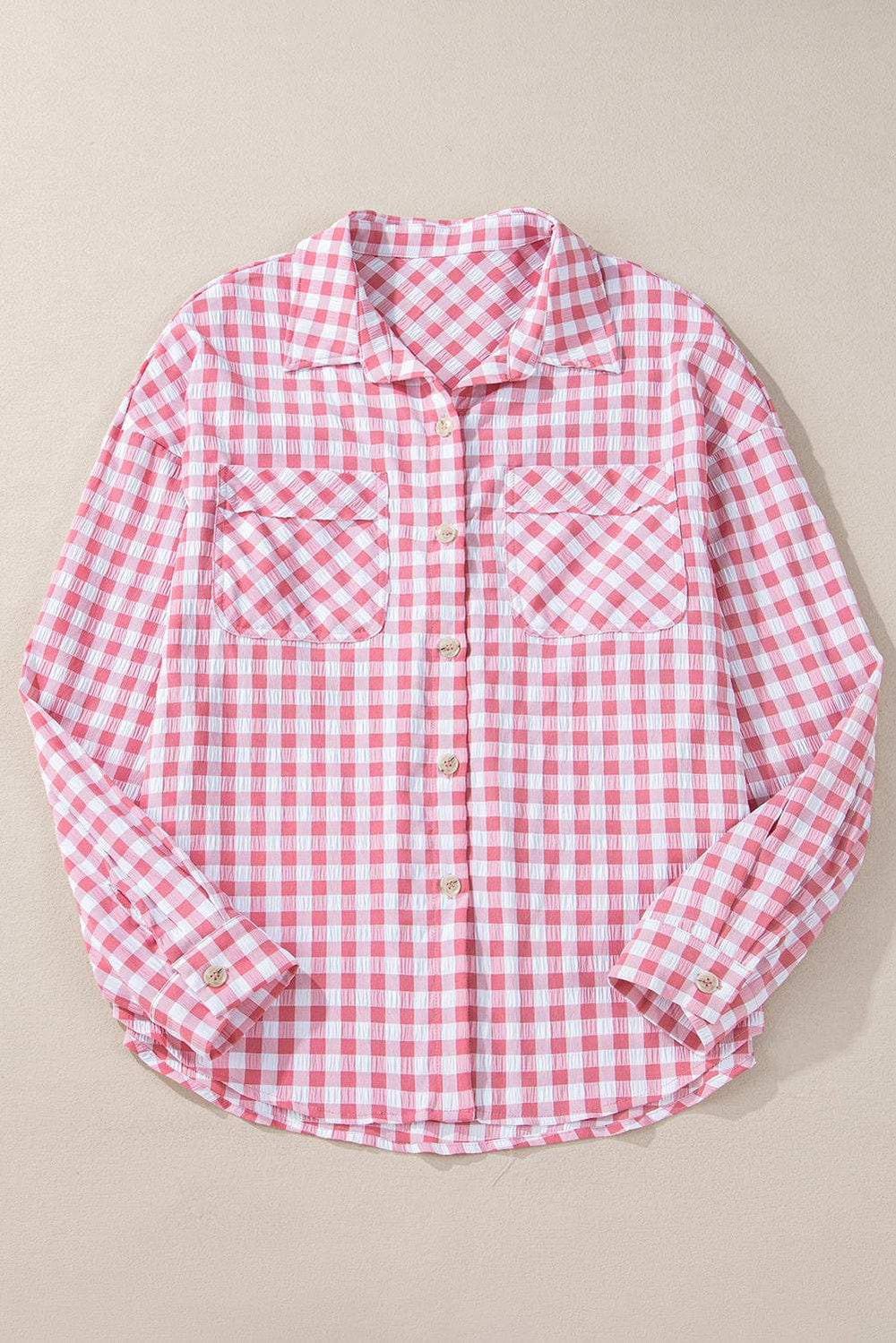 Plaid Collared Neck Long Sleeve Shirt - Trendsi - Flyclothing LLC