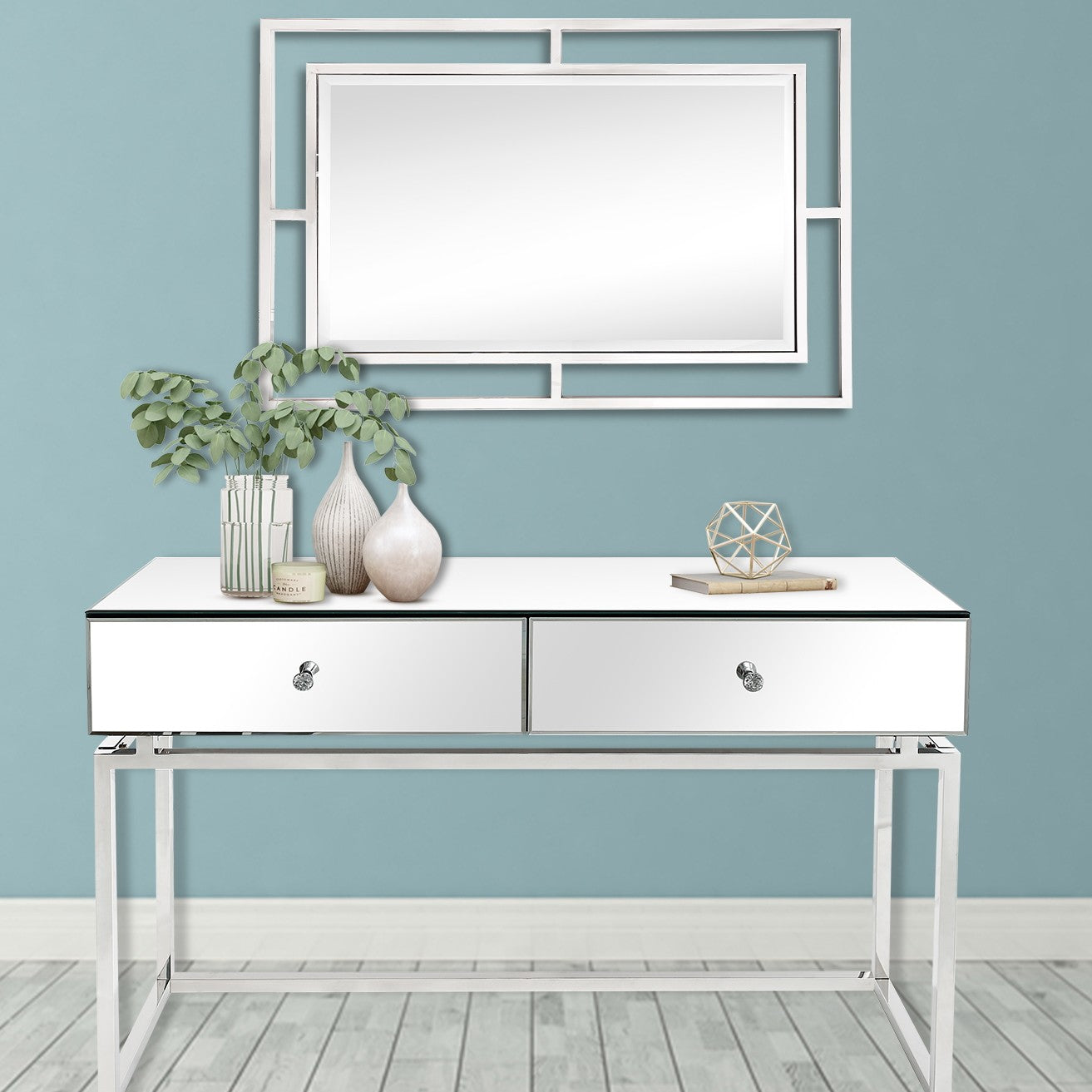 47" Silver Mirrored Glass Console Table
