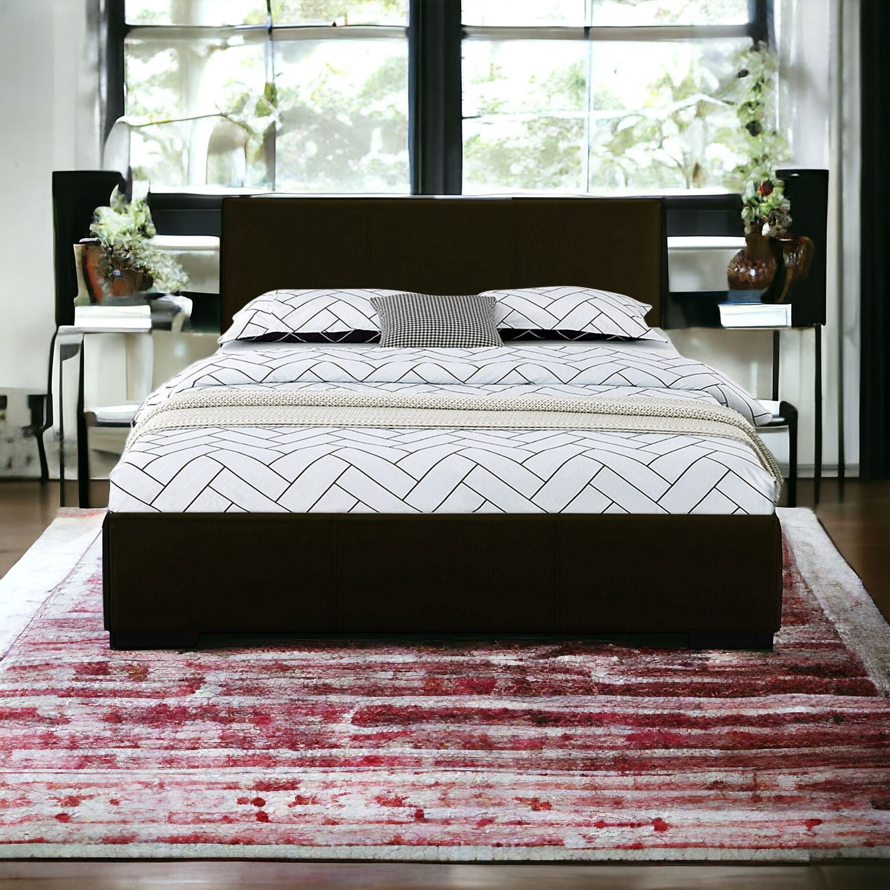 Black Solid and Manufactured Wood King Upholstered Faux Leather Bed Frame