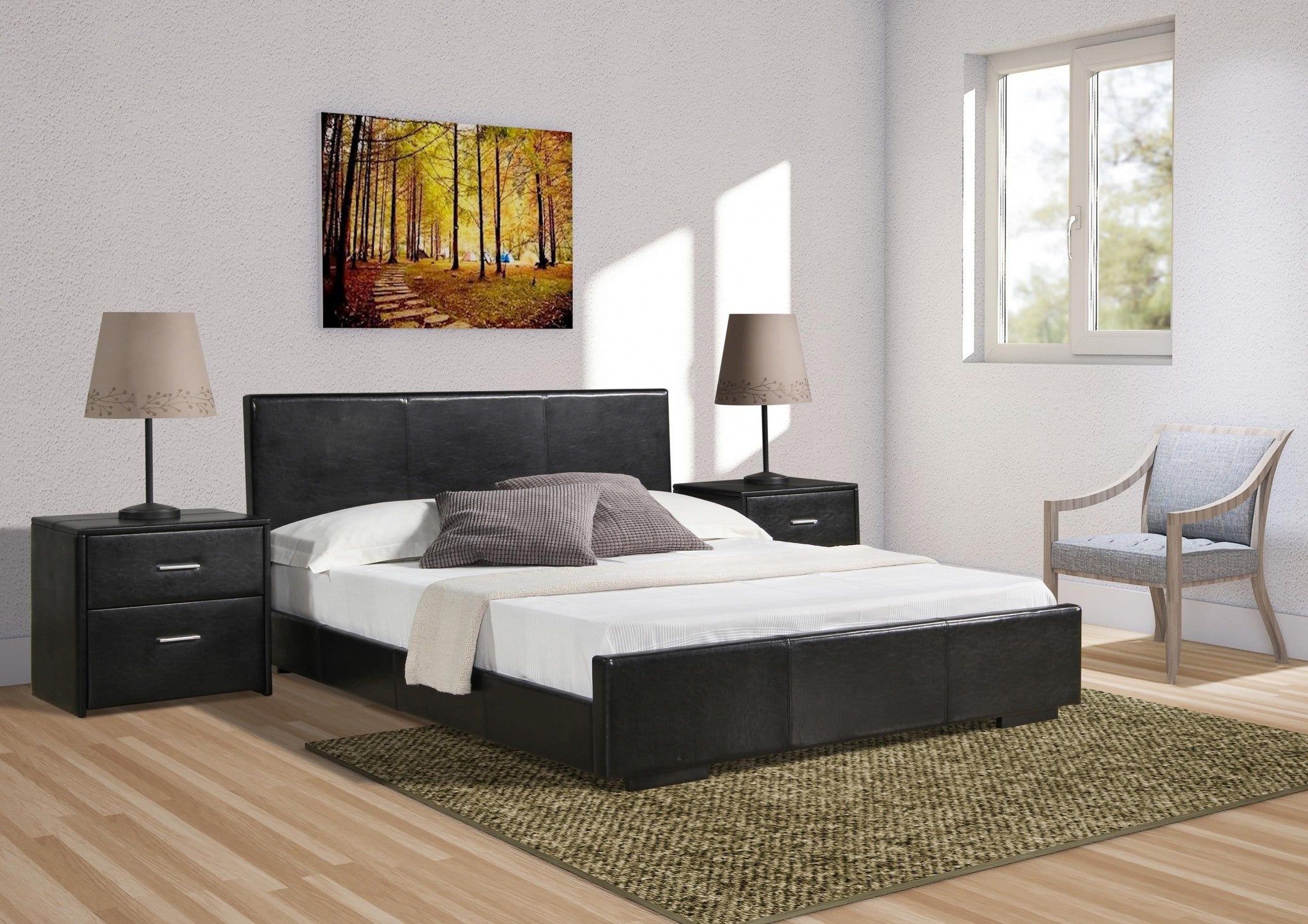 Black Solid and Manufactured Wood King Upholstered Faux Leather Bed Frame