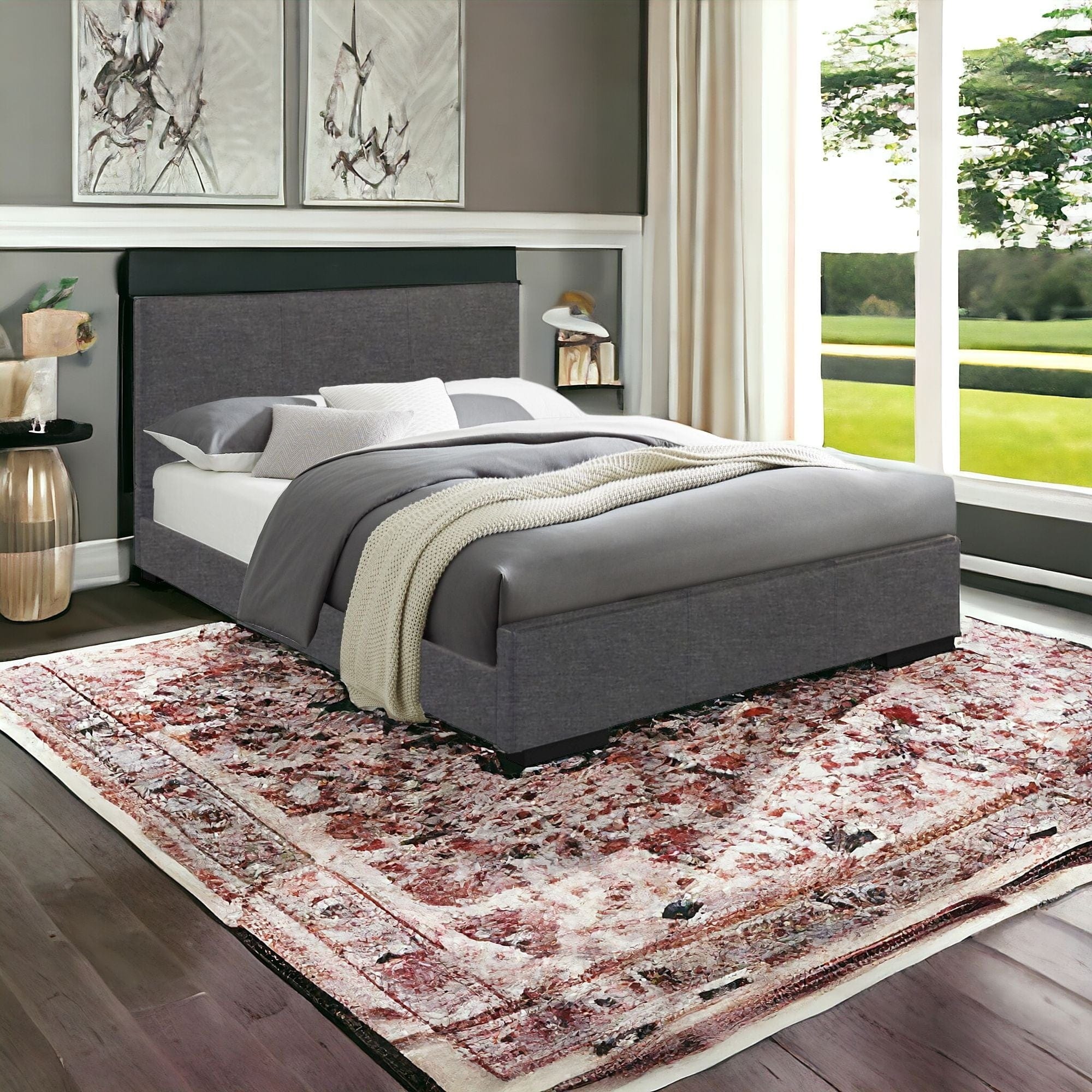 Gray Solid and Manufactured Wood Queen Upholstered Polyester Blend Bed Frame - Homeroots