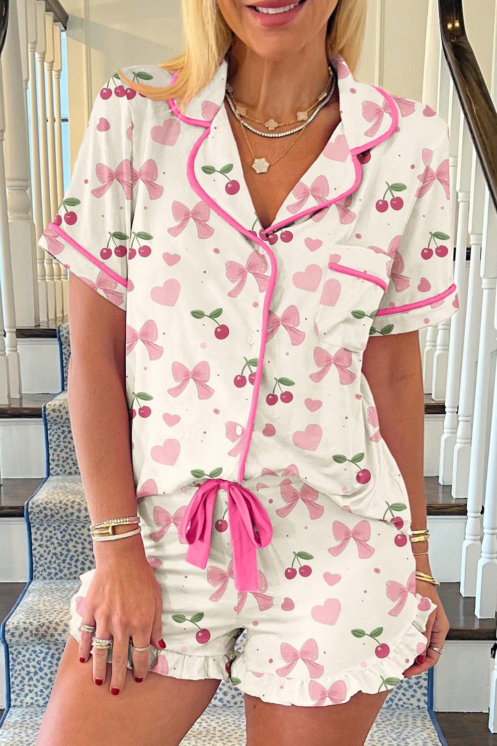 Printed Button Up Short Sleeve Top and Shorts Lounge Set - Trendsi
