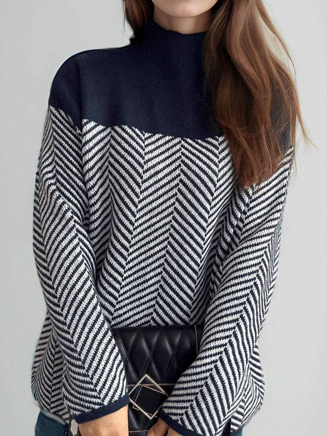 Contrast Turtleneck Long Sleeve Sweater - Trendsi - Flyclothing LLC