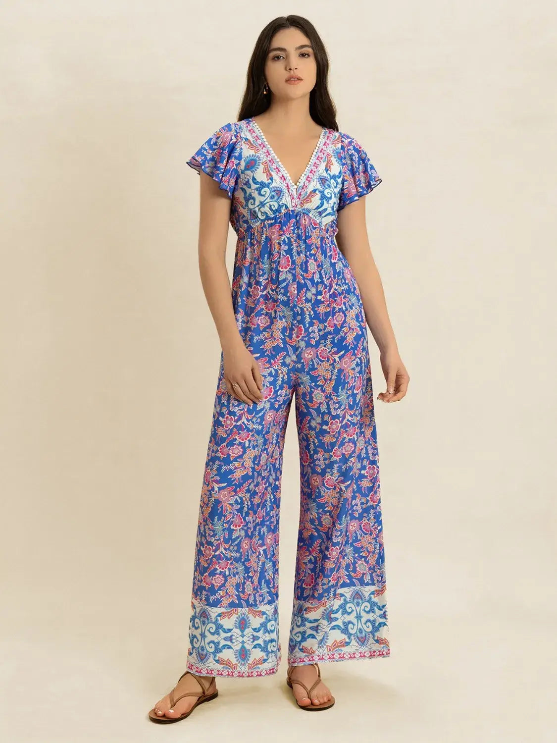 Printed V-Neck Wide Leg Jumpsuit - Trendsi - Flyclothing LLC