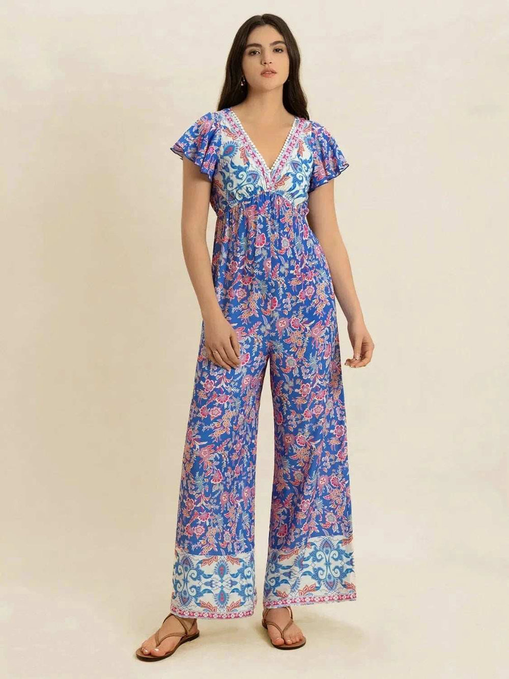 Printed V-Neck Wide Leg Jumpsuit - Trendsi - Flyclothing LLC