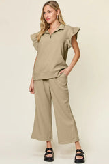 Double Take Texture Ruffle Short Sleeve Top and Drawstring Wide Leg Pants Set - Trendsi - Flyclothing LLC