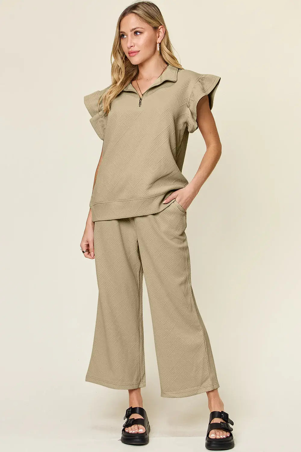 Double Take Texture Ruffle Short Sleeve Top and Drawstring Wide Leg Pants Set - Trendsi - Flyclothing LLC