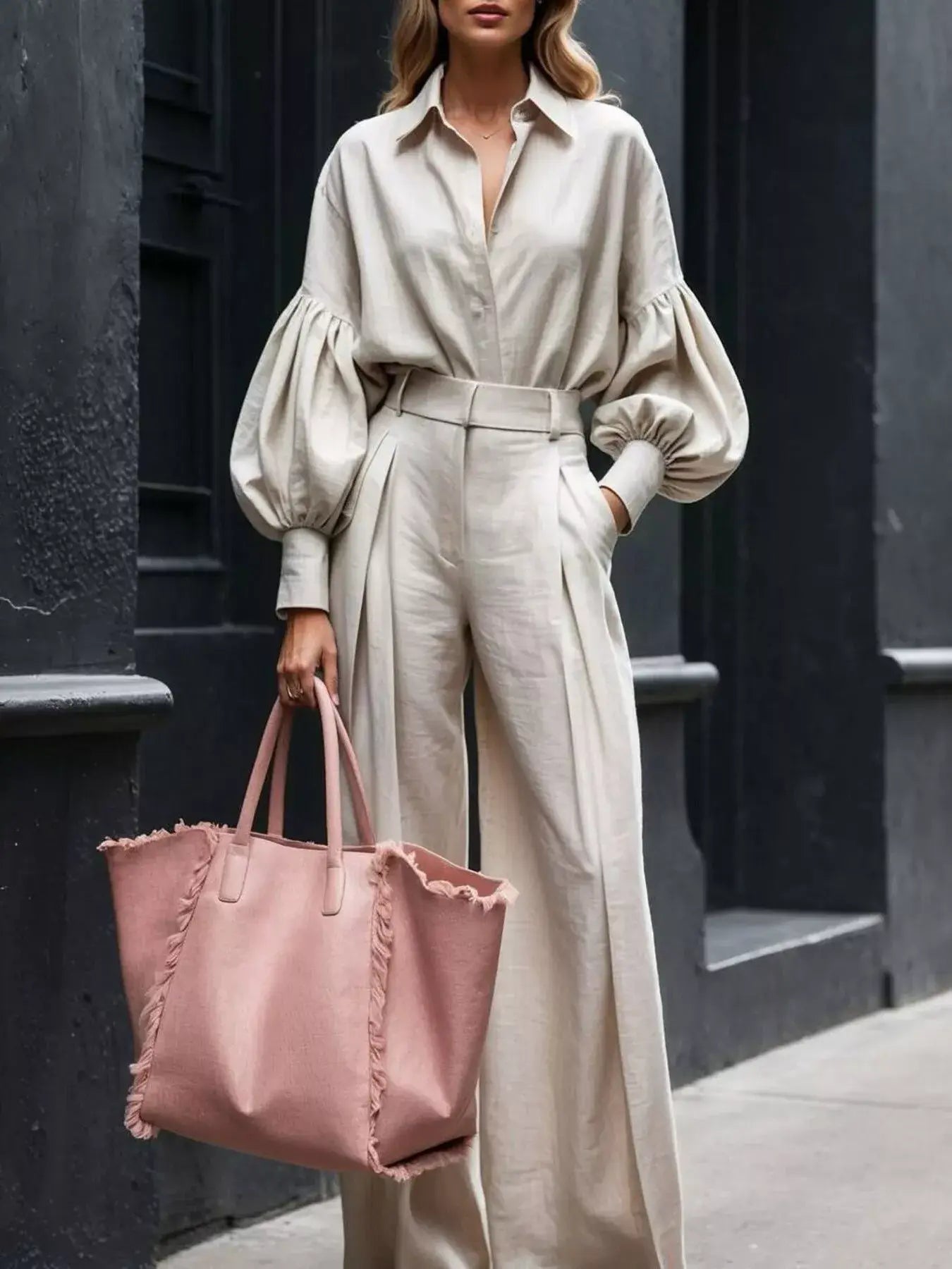 Lantern Sleeve Shirt and Wide Leg Pants Set - Trendsi - Flyclothing LLC