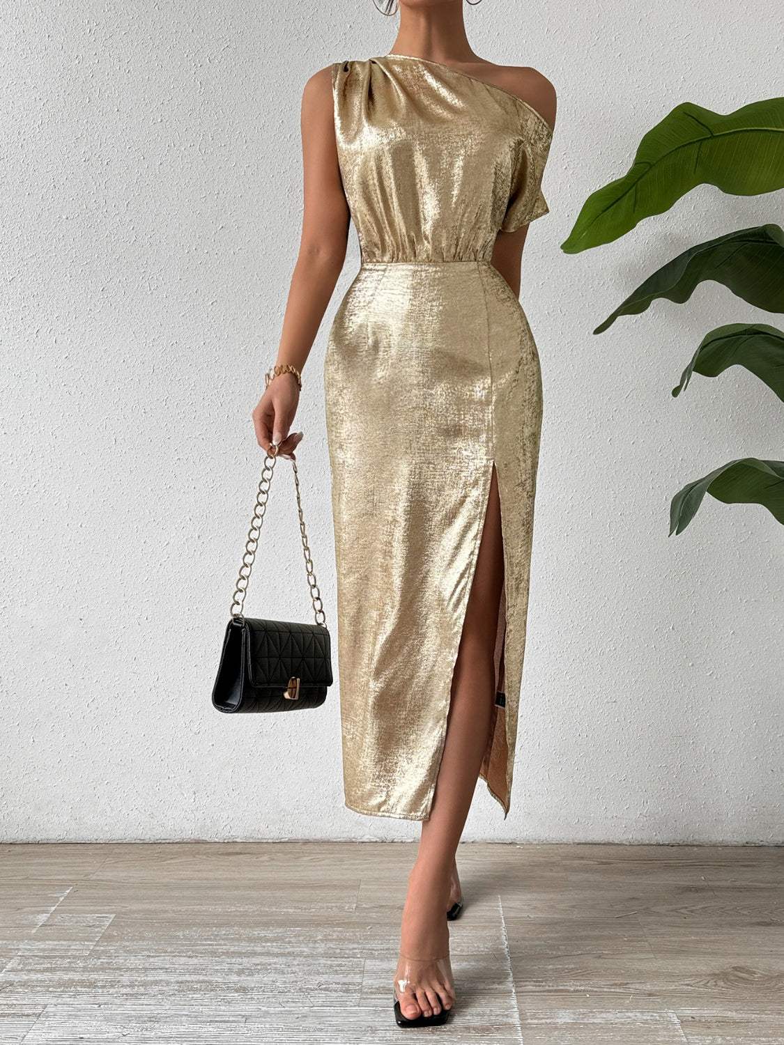 Slit One Shoulder Short Sleeve Midi Dress - Trendsi - Flyclothing LLC