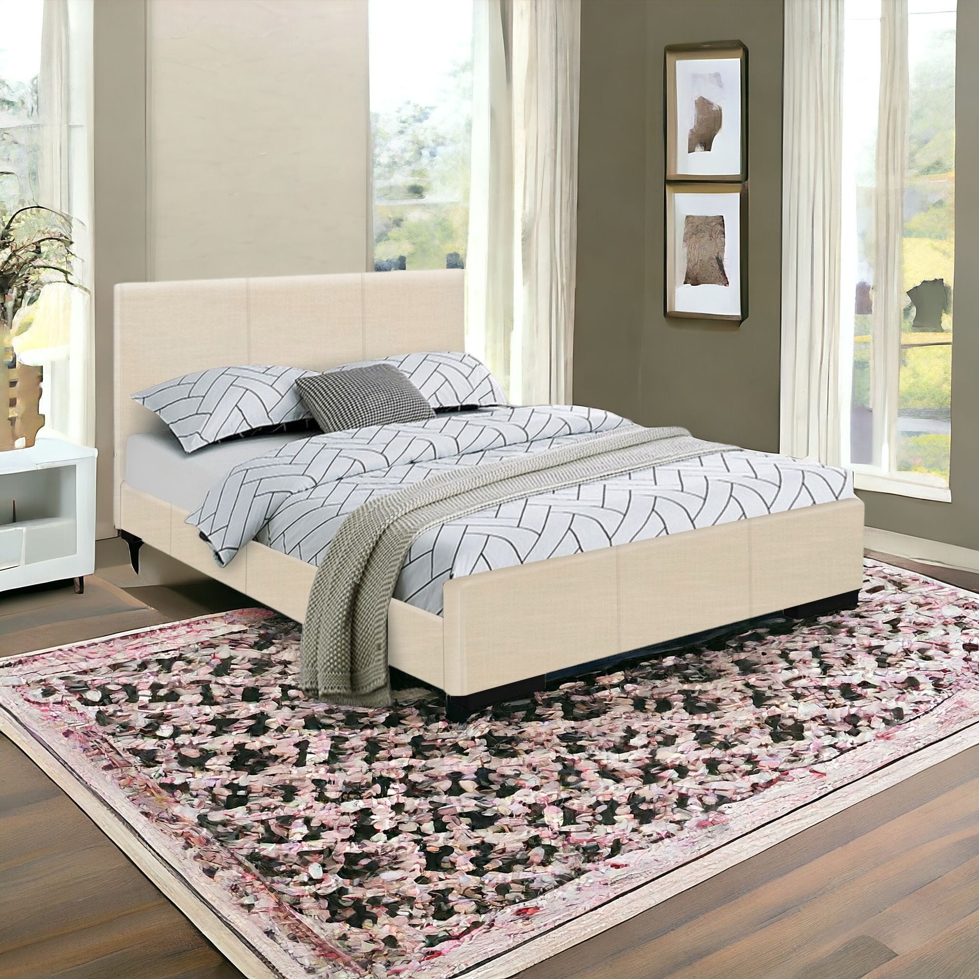 Beige Solid and Manufactured Wood Twin Upholstered Faux Leather Bed Frame