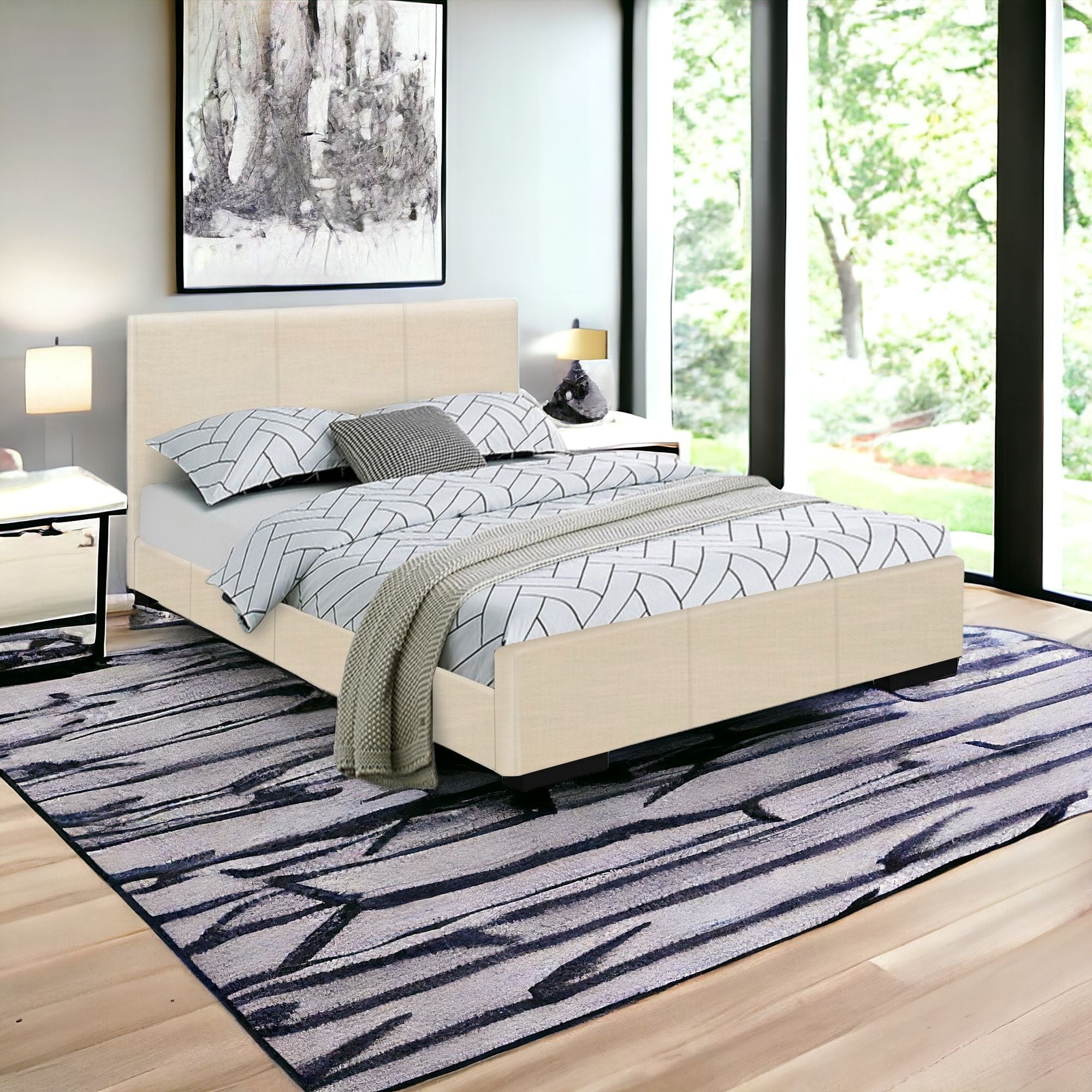 Beige Solid and Manufactured Wood Full Upholstered Faux Leather Bed Frame